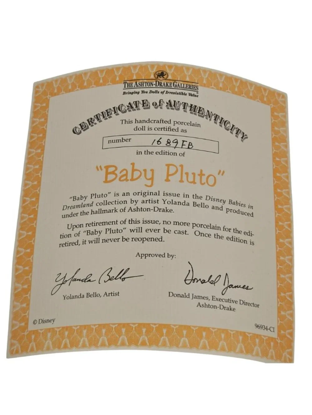 Ashton Drake Disney Baby Pluto Porcelain Doll COA Boxed 96934 Bello Dreamland